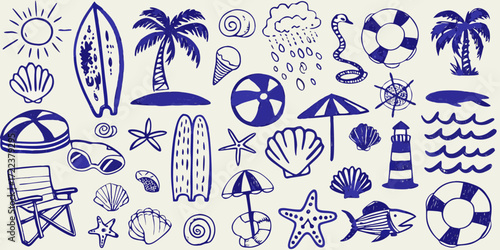 Collection of hand drawn blue summer vacation icons and symbols on a light background