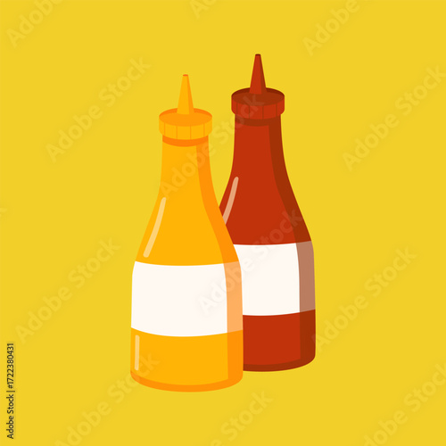 Two bottles of mustard and ketchup on a yellow background. The mustard bottle is yellow and the ketchup bottle is red. Vector Illustartion