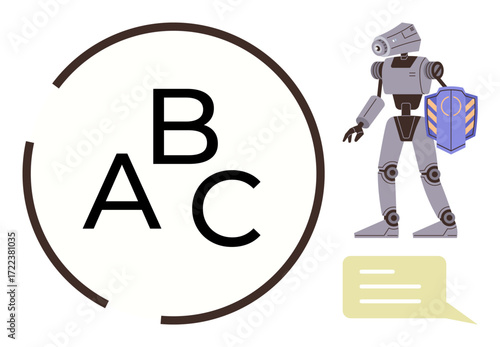 Robot holding a shield near letters A, B, C inside a partial circular element with dialog bubble. Ideal for technology, artificial intelligence, machine learning, language processing, robotics