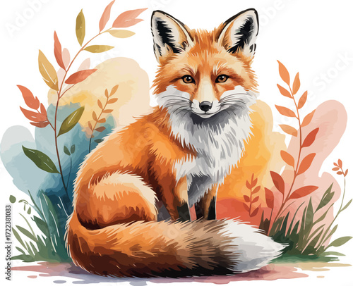 This image depicts a beautiful fox sitting serenely amidst a soft, autumn-colored landscape of foliage.