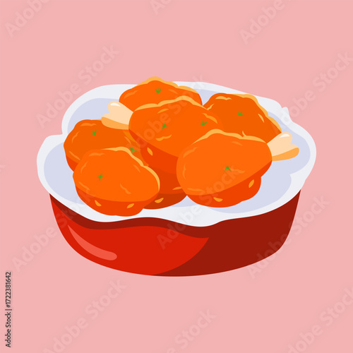 Bowl of fried chicken with a red rim. The chicken is orange and has green herbs on it. Vector Illustartion