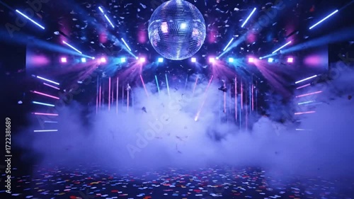 A disco ball hangs above a dance floor covered in confetti with stage lights and smoke effects