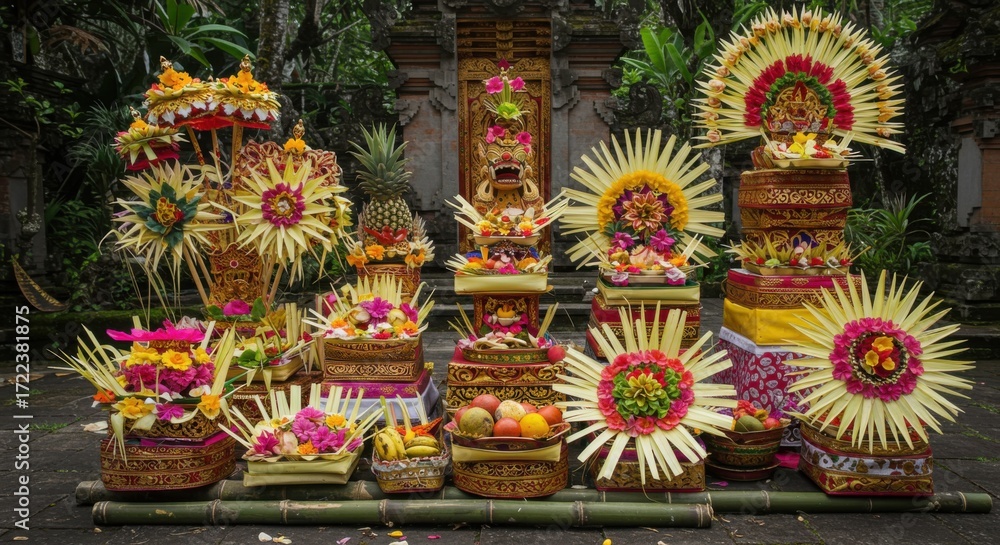 Fototapeta premium Balinese Offerings with Colorful Flowers
