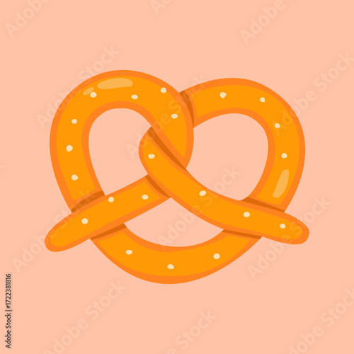 Heart shaped pretzel with a yellow doughnut on top. The doughnut is surrounded by a bunch of small dots. Vector Illustartion