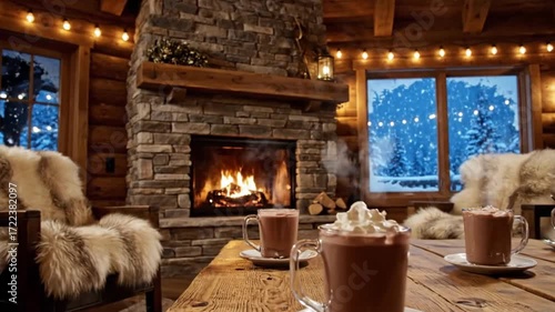 Cozy cabin interior with fireplace, hot chocolate, and snowy winter scene outside the window