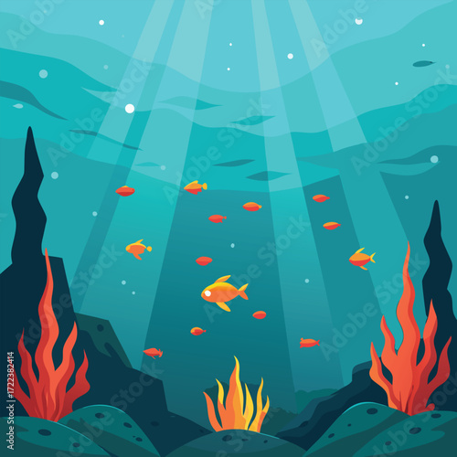 School of fish in a sunlit underwater environment ocean