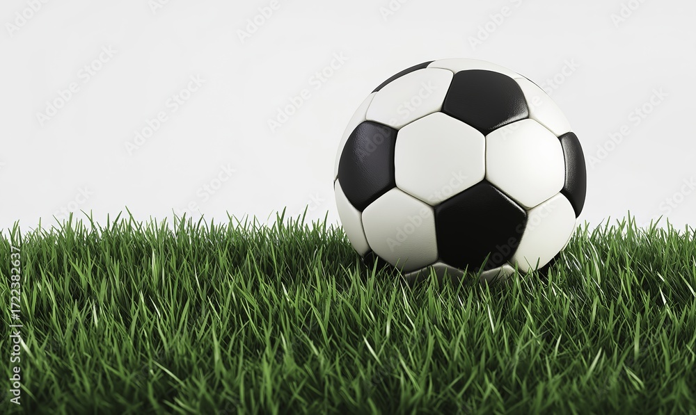 Obraz premium Soccer ball lying on lush green grass isolated on white background