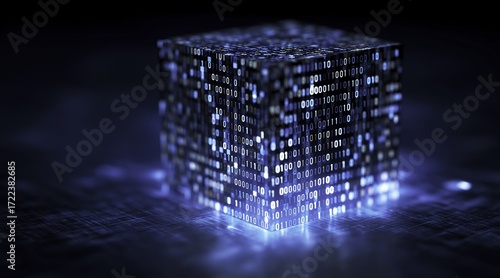 Abstract blue glowing digital cube with binary code background