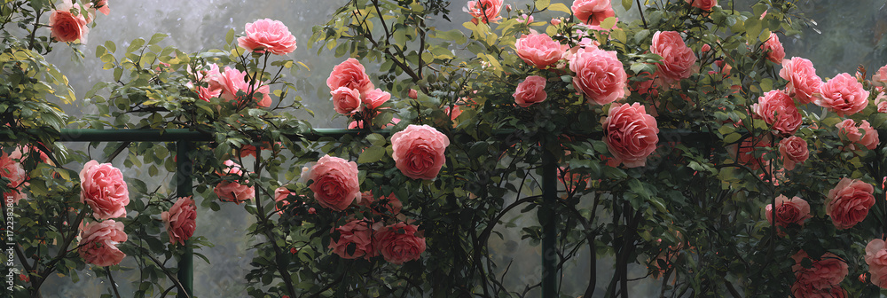 Fototapeta premium Aesthetic Appeal of Climbig Roses Gracefully Ascendig a Garden Trellis Amidst erdant Foliage and Bloomin Splendor