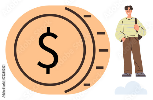Young man beside a giant dollar coin symbolizing money, savings, success, or financial growth. Ideal for wealth, goals, education, finance investment budgeting and motivation. Simple flat metaphor