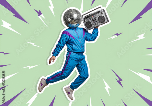 Retro party vibes: a figure with a disco ball head jumps against a vibrant backdrop, carrying a vintage boombox, embodying a fun and energetic celebration of music