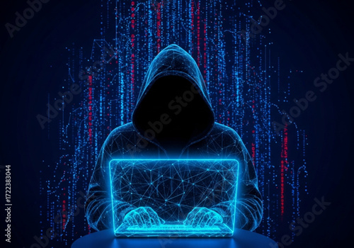 Abstract polygonal hacker with laptop on technology dark background. Cyber attack and cyber security concepts. Computer hacking. Digital technology. Anonymous hacker in a hoodie working on a laptop .