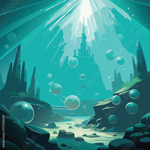 Underwater fantasy landscape with glowing bubbles and spires
