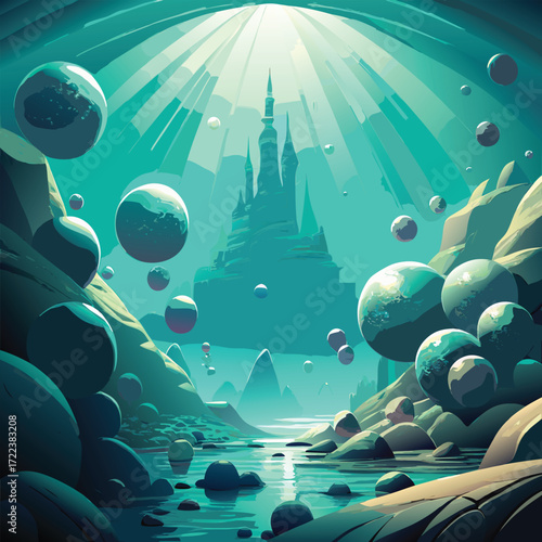 Underwater fantasy castle with glowing orbs and rocks