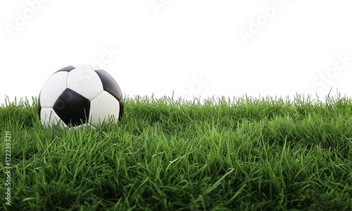 Soccer ball lying on lush green grass isolated on white background