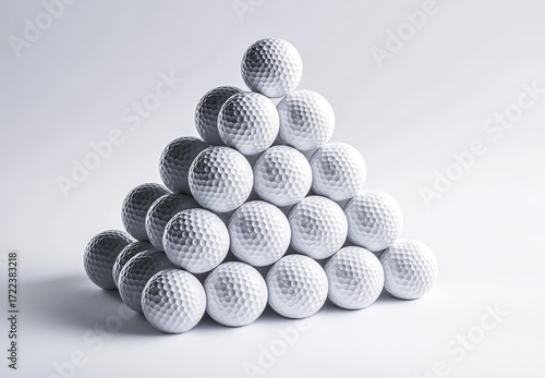 High-resolution photograph of white golf balls arranged in a pyramid on a white background