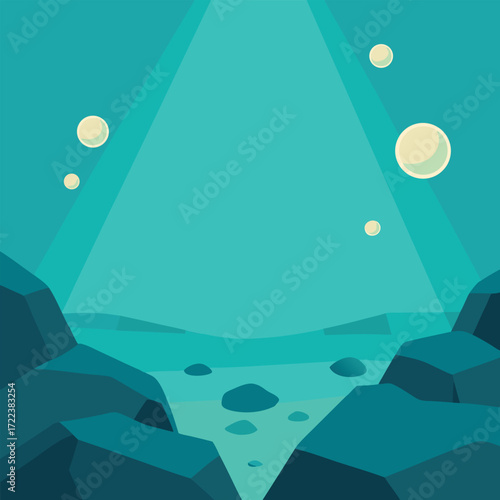 Underwater landscape with rocks and glowing orbs ocean