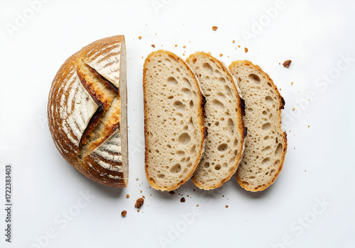 Slices of freshly baked sourdough bread with a golden-brown crust, revealing a porous interior, perfect for sandwiches or toast on a clean white surface.