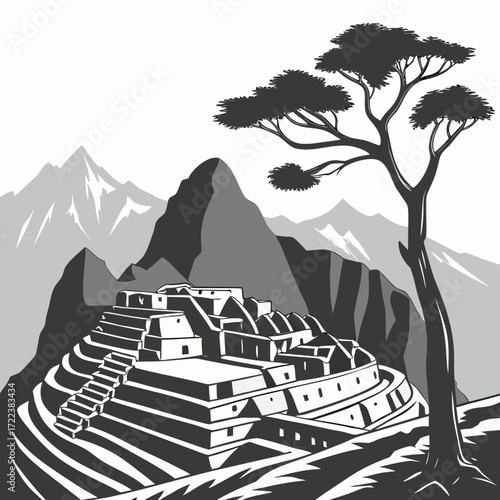 "Machu Picchu silhouette art Peru ancient Incan city poster, world wonder Andes mountains landmark illustration, black and white minimalist travel wall decor for cultural heritage lovers"