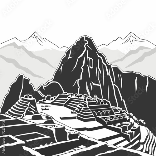 "Machu Picchu silhouette art Peru ancient Incan city poster, world wonder Andes mountains landmark illustration, black and white minimalist travel wall decor for cultural heritage lovers"