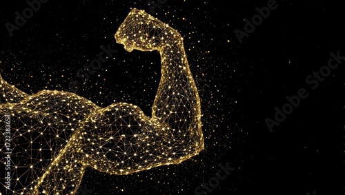 Dynamic golden wireframe flexing bicep represents powerful digital transformation and technological innovation against a starry black background