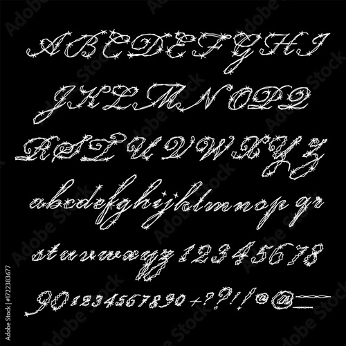 Stylized calligraphy alphabet made of barbed wire design. The image features uppercase and lowercase letters, numbers, and punctuation crafted to resemble twisted metal wire, giving an edgy, and punk.