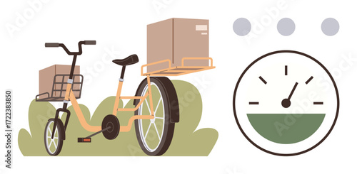 Cargo bicycle with boxes for delivery, surrounded by greenery. Speedometer icon symbolizes speed and efficiency. Ideal for logistics, sustainability, eco-transport, innovation, time, delivery green