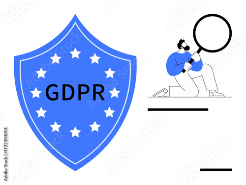 Blue shield with stars representing GDPR protection and person holding magnifying glass symbolizing data scrutiny. Ideal for privacy, security, compliance, regulation, safety, data analysis, simple