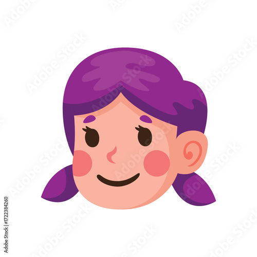 Cartoon girls face with purple hair and pink cheeks