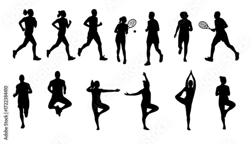 Collection of black vector sport silhouettes of people running, playing tennis, and doing yoga

