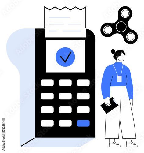 Payment terminal with receipt and approval checkmark, accompanied by customer representative and fidget spinner. Ideal for retail, technology, finance, customer service, innovation, business
