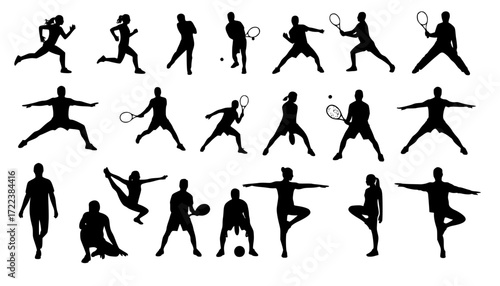 Collection of black vector sport silhouettes of people running, playing tennis, and doing yoga
