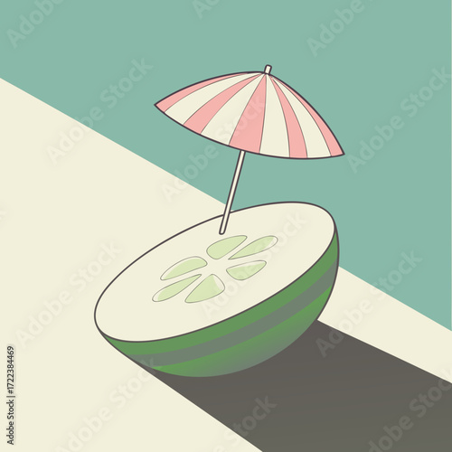 Vector illustration of a tropical summer cocktail on a beach table with an umbrella, perfect for a relaxing vacation resort
