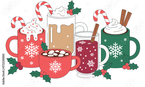 This image displays a cozy collection of five festive winter drinks in various mugs and glasses. The beverages are adorned with whipped cream, candy canes, cinnamon sticks, and holly, creating a warm 
