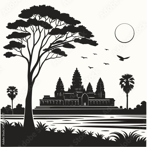 "Angkor Wat silhouette art Cambodia ancient temple skyline poster, UNESCO world heritage site landmark illustration, black and white minimalist travel wall decor for cultural architecture lovers"