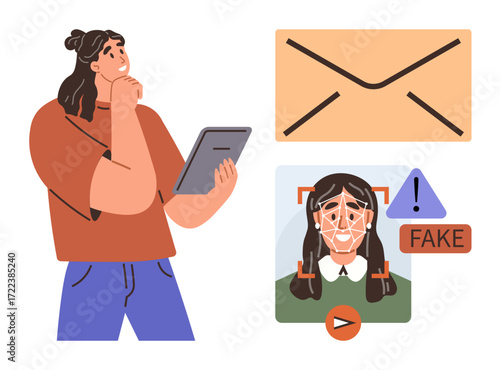 Woman holding tablet near an email icon, deepfake detection alert, and facial recognition warning. Ideal for cybersecurity, identity theft, online fraud, technology awareness, AI risks, internet