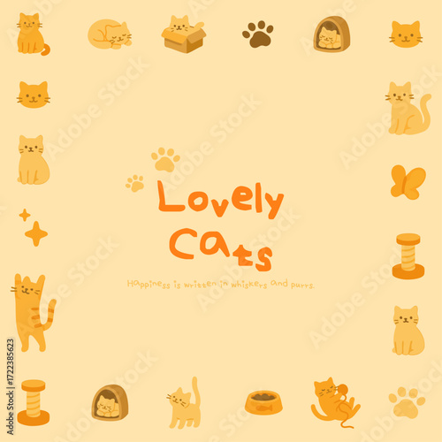 Cat Border Frame, Isolated Background. Cute and Playful Cat Icons with Paw Prints, Illustration Design for Cards and Posters