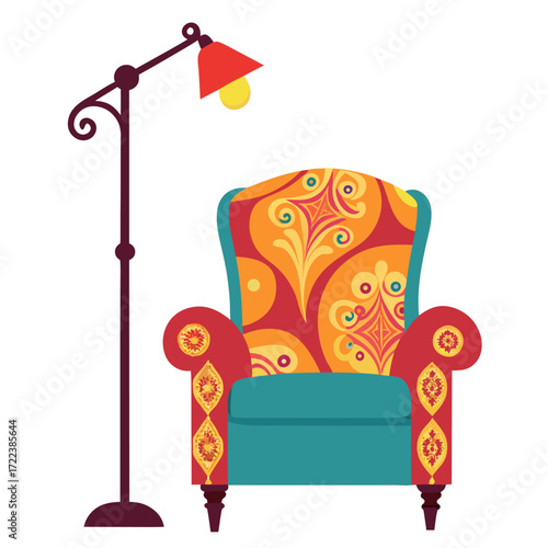 Vintage armchair and floor lamp vector on white background.