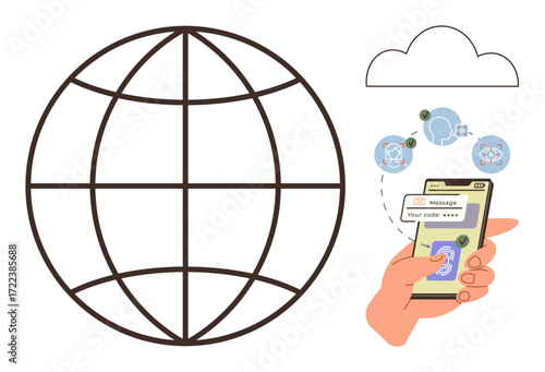 Hand holding smartphone with messages, cloud symbol, world grid, and icons of people. Ideal for communication, networking, globalization, data sharing, mobile technology social media simple flat