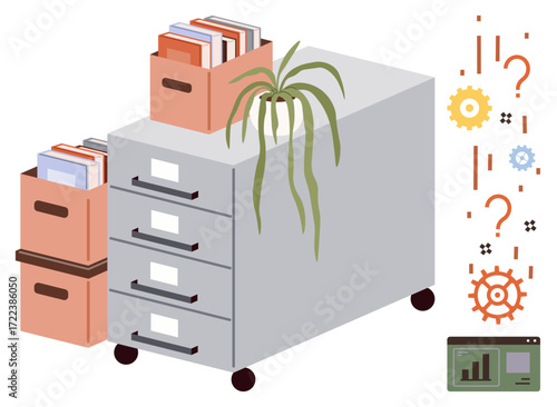 Filing cabinet with drawers, books and storage boxes, cascading desk plant, and brainstorming graphics. Ideal for organization, office, management, productivity, creativity analysis workflow