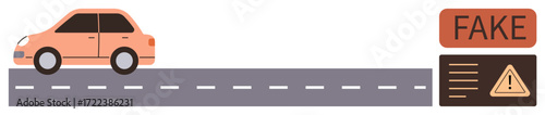 Compact car on a roadway next to a Fake sign with a warning symbol. Ideal for misinformation, road safety, caution, awareness, deception, communication, critical thinking themes. Simple flat metaphor