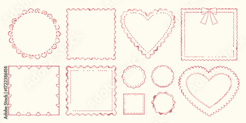 Collection of hand drawn decorative frames and borders featuring hearts and scalloped edges in pink and red tones
