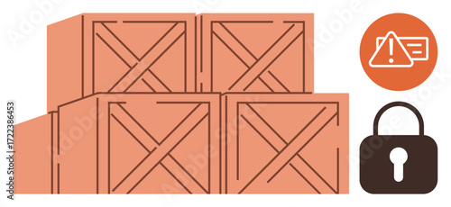 Wooden crates stacked in a warehouse setting accompanied by a lock and alert symbol, representing safety, security, logistics, storage, warehouse management, inventory control, shipping. A simple