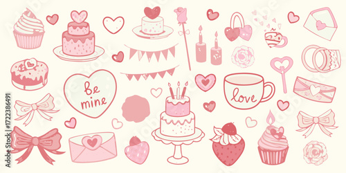 Collection of cute pink and red valentine s day themed illustrations and icons