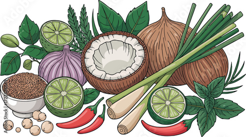This image showcases a vibrant arrangement of various exotic culinary ingredients, including coconut, limes, garlic, red chilies, lemongrass, and fresh herbs. 