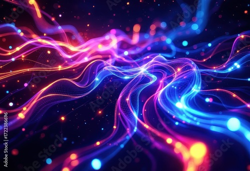Vibrant, flowing lines of glowing particles create an ethereal and dynamic abstract design.