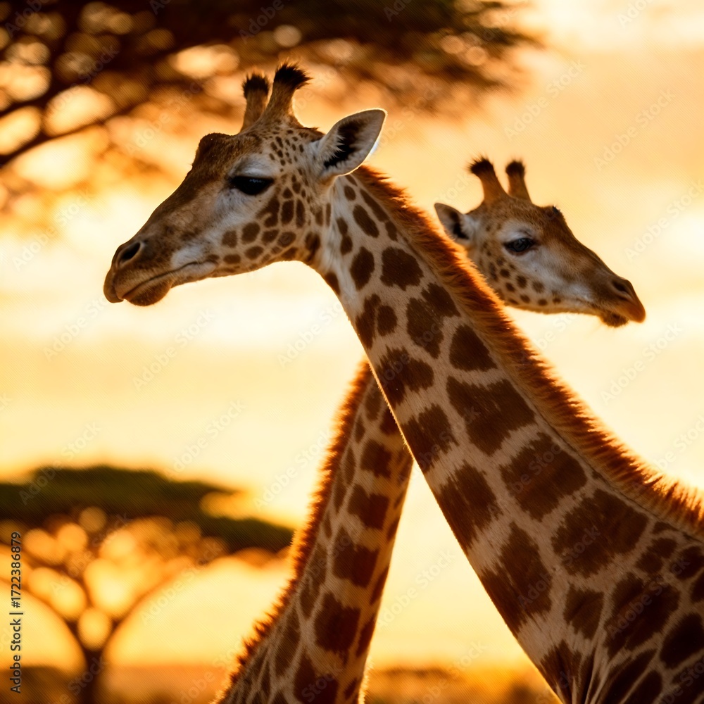 Fototapeta premium Two Giraffe Heads Against Sunset