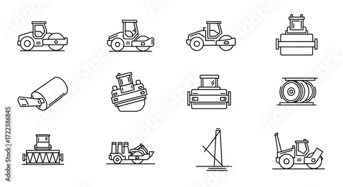 Collection of simple line art illustrations of road construction equipment.