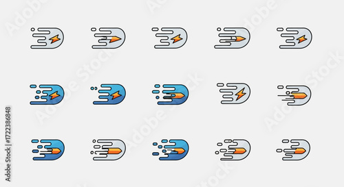 Collection of stylized, abstract logos depicting fast-moving projectiles or arrows, in various shades of blue and orange.