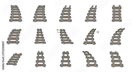 Various angles and configurations of railway tracks, showing curves and inclines.